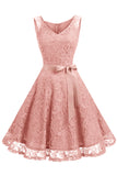 Blush V-Neck Lace Party Dress with Sash