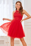 Red Lace Short Cocktail Party Dress