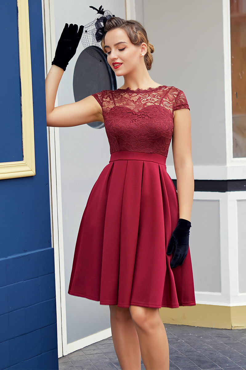 Load image into Gallery viewer, Burgundy Retro 1950s Dress With Lace