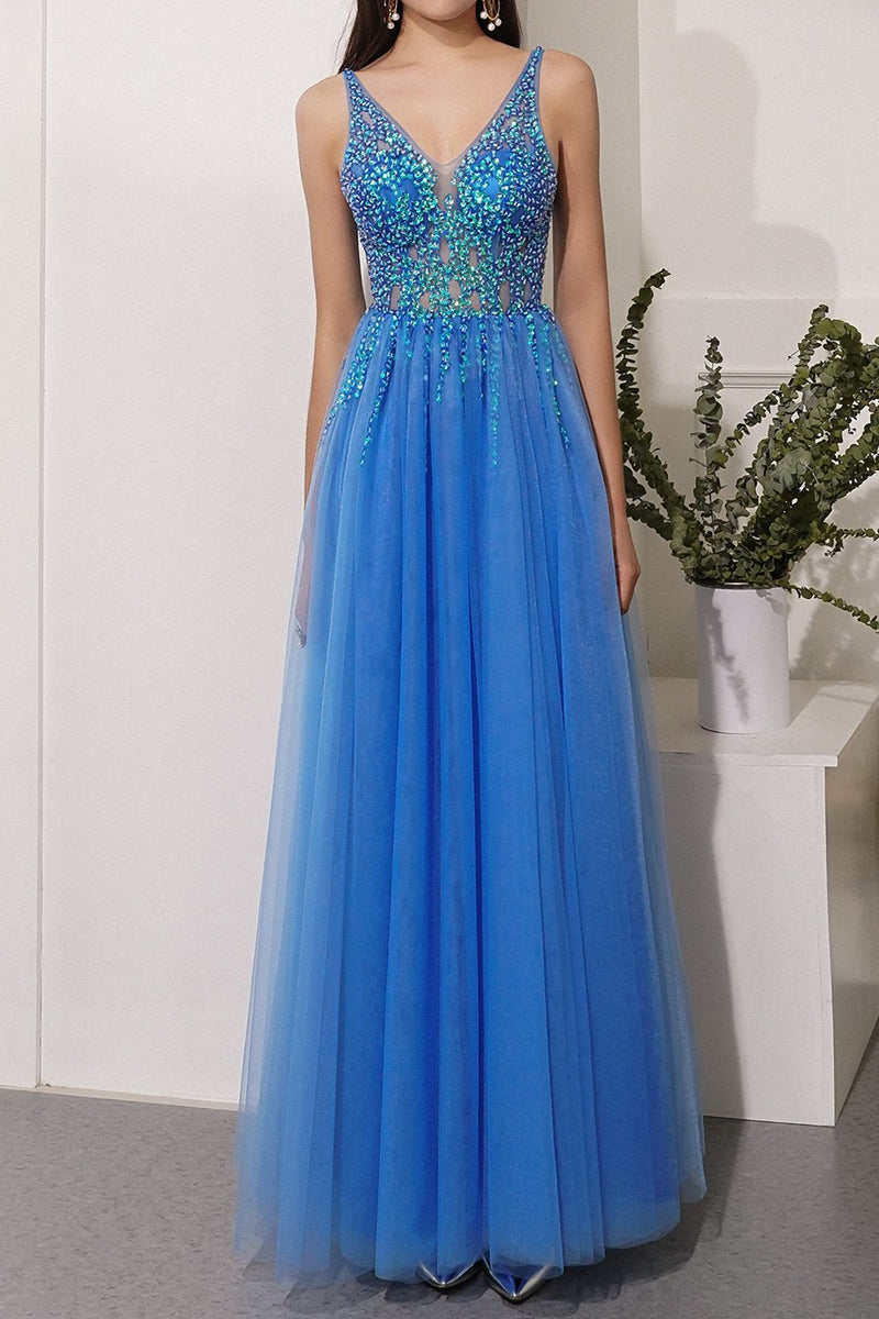 Load image into Gallery viewer, Blue Sequins Tulle Party Dress