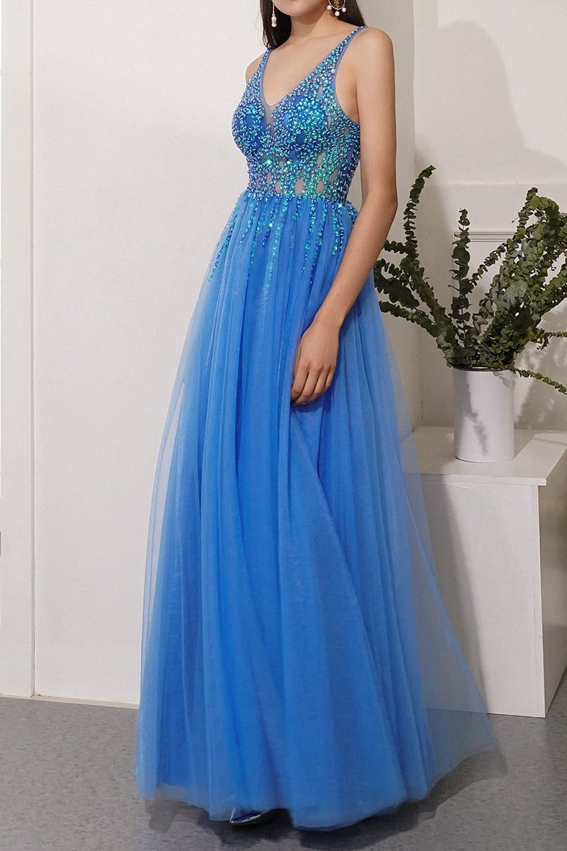 Load image into Gallery viewer, Blue Sequins Tulle Party Dress