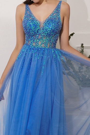 Blue Sequins Tulle Party Dress