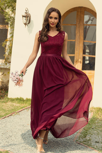 Burgundy A-Line Chiffon Lace Bridesmaid Dress