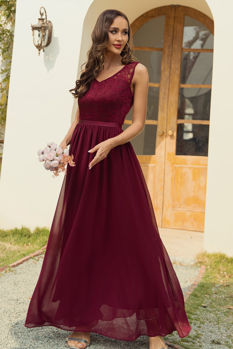Load image into Gallery viewer, Burgundy A-Line Chiffon Lace Bridesmaid Dress