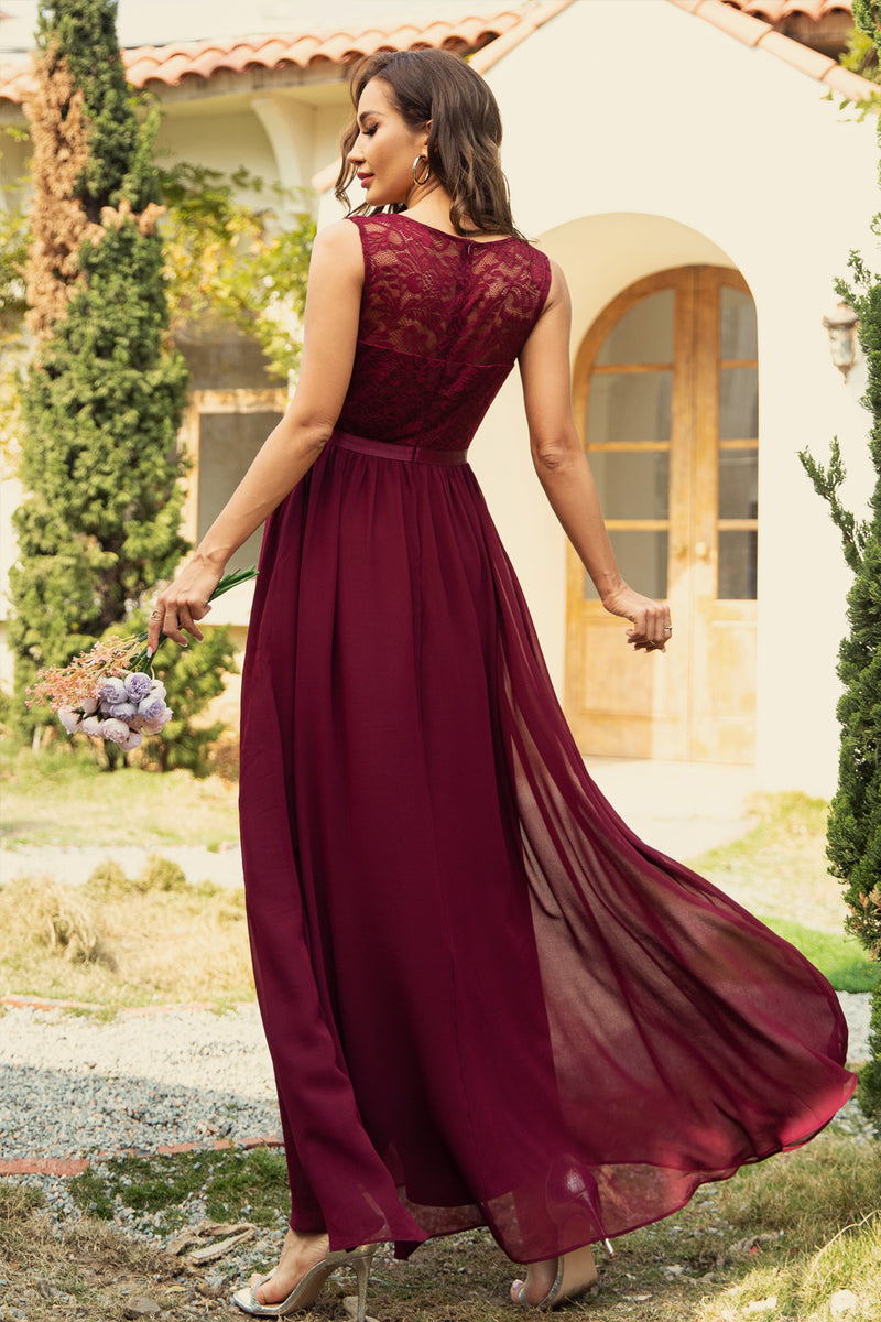 Load image into Gallery viewer, Burgundy A-Line Chiffon Lace Bridesmaid Dress