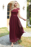 Burgundy Cap Sleeves Chiffon Bridesmaid Dress