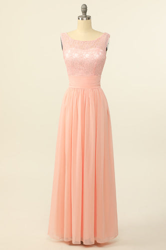 Blush Long Chiffon Lace Bridesmaid Dress