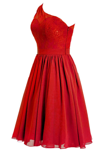 One Shoulder Red Cocktail Dress with Lace