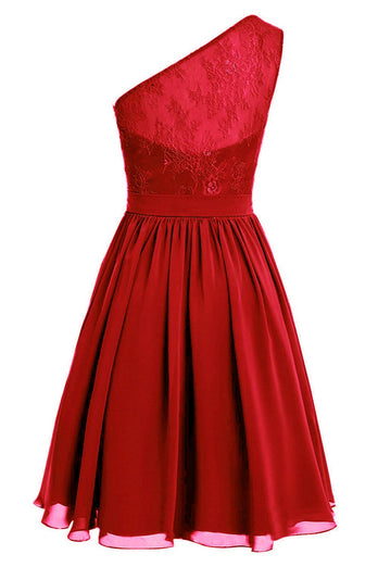 One Shoulder Red Cocktail Dress with Lace