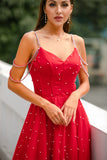 Red Beaded Long Prom Dress