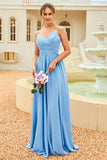 Ruffle Blue Bridesmaid Dress with Lace