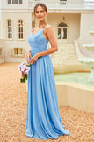 Ruffle Blue Bridesmaid Dress with Lace