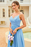 Ruffle Blue Bridesmaid Dress with Lace