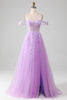 Load image into Gallery viewer, Lavender A Line Tulle Off the Shoulder Formal Dress with Slit
