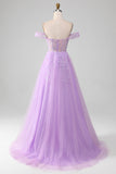 Lavender A Line Tulle Off the Shoulder Formal Dress with Slit