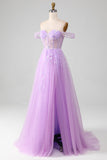 Lavender A Line Tulle Off the Shoulder Formal Dress with Slit