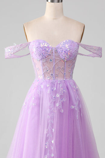 Lavender A Line Tulle Off the Shoulder Formal Dress with Slit