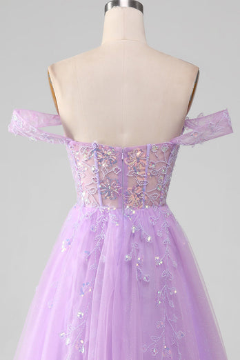 Lavender A Line Tulle Off the Shoulder Formal Dress with Slit