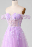 Lavender A Line Tulle Off the Shoulder Formal Dress with Slit