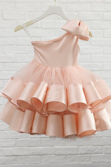Blush One Shoulder Flower Girl Dress with Bowknot