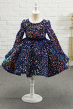 Navy Glitter Sequin Flower Girl Dress with Sleeves