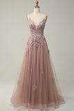 A Line Spaghetti Straps Blush Long Formal Dress with Appliques