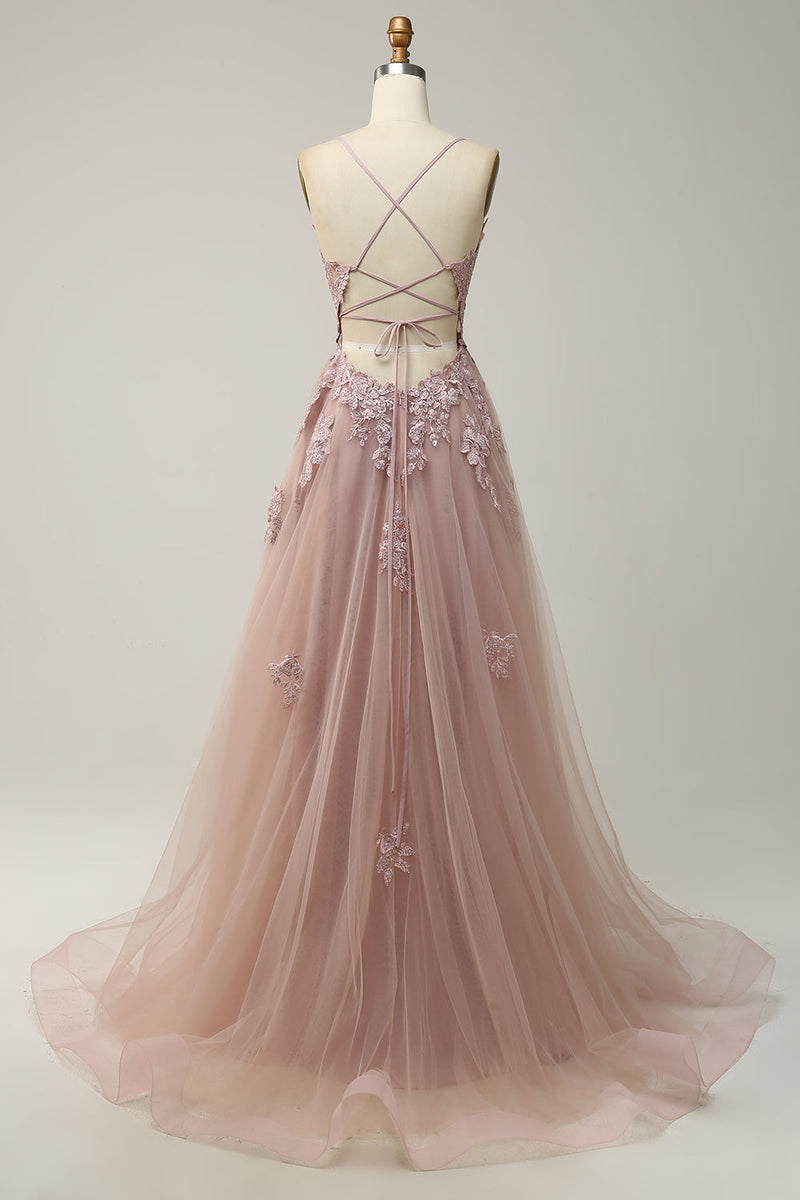 Load image into Gallery viewer, A Line Spaghetti Straps Blush Long Formal Dress with Appliques