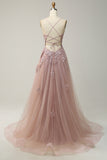 A Line Spaghetti Straps Blush Long Formal Dress with Appliques