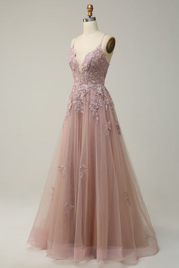 A Line Spaghetti Straps Blush Long Formal Dress with Appliques