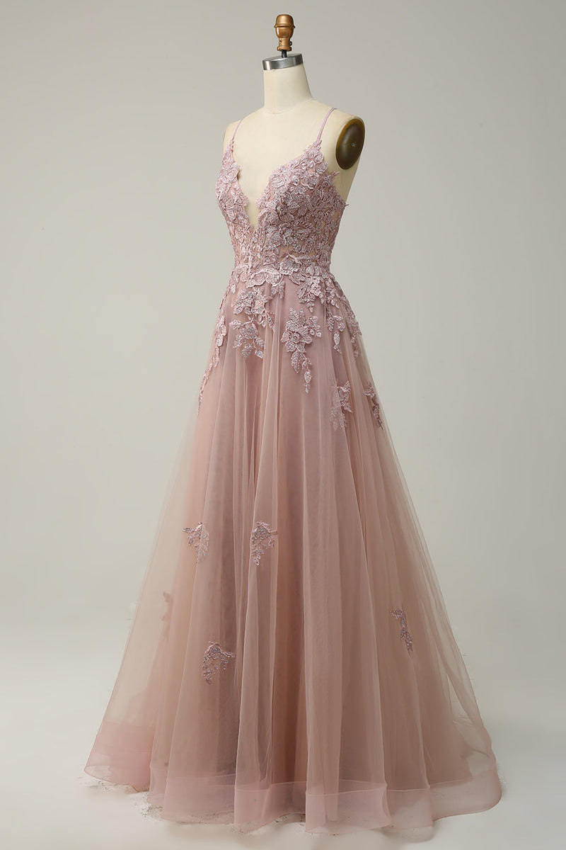 Load image into Gallery viewer, A Line Spaghetti Straps Blush Long Formal Dress with Appliques