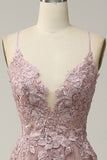 A Line Spaghetti Straps Blush Long Formal Dress with Appliques