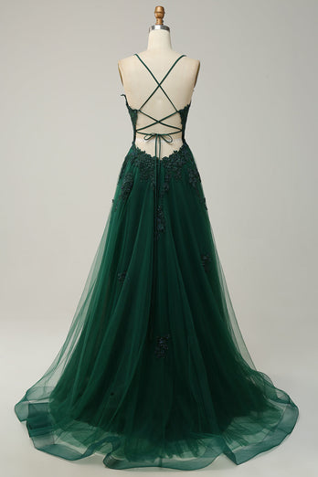 A Line Spaghetti Straps Green Long Formal Dress with Criss Cross Back