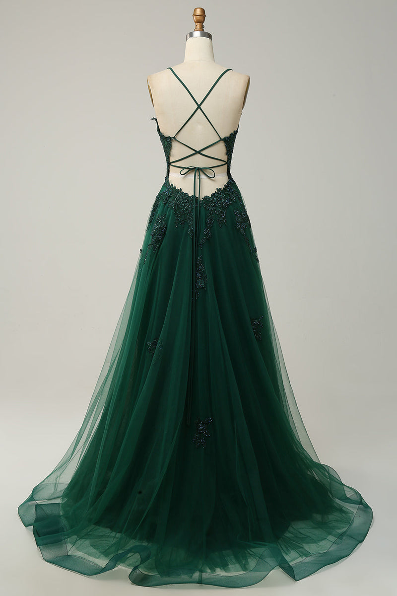 Load image into Gallery viewer, A Line Spaghetti Straps Dark Green Long Formal Dress with Criss Cross Back