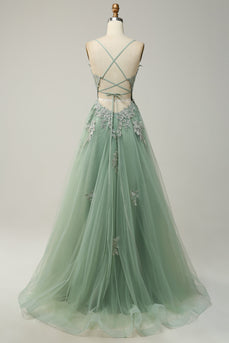 A Line Spaghetti Straps Green Long Formal Dress with Criss Cross Back