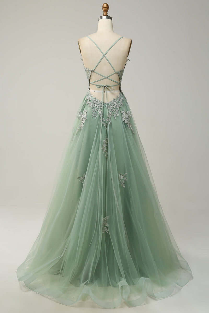 Load image into Gallery viewer, A Line Spaghetti Straps Dark Green Long Formal Dress with Criss Cross Back