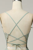 A Line Spaghetti Straps Green Long Formal Dress with Criss Cross Back