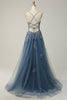 Load image into Gallery viewer, Spaghetti Straps A Line Grey Blue Long Formal Dress with Criss Cross Back