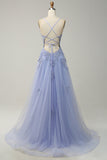 A Line Spaghetti Straps Grey Blue Long Formal Dress with Appliques