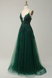 A Line Spaghetti Straps Grey Blue Long Formal Dress with Appliques