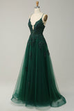 A Line Spaghetti Straps Dark Green Long Formal Dress with Criss Cross Back