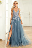 A Line Spaghetti Straps Grey Blue Long Formal Dress with Appliques