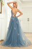 Load image into Gallery viewer, A Line Spaghetti Straps Grey Blue Long Formal Dress with Appliques