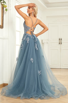 A Line Spaghetti Straps Grey Blue Long Formal Dress with Appliques