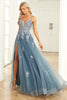 Load image into Gallery viewer, A Line Spaghetti Straps Grey Blue Long Formal Dress with Appliques