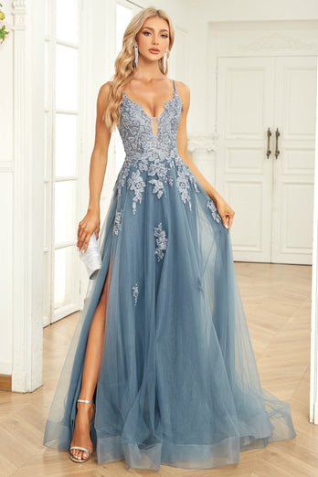 A Line Spaghetti Straps Grey Blue Long Formal Dress with Appliques