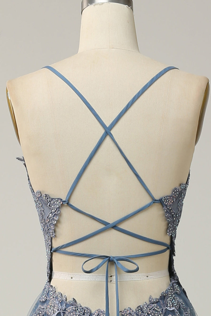 Load image into Gallery viewer, Spaghetti Straps A Line Grey Blue Long Formal Dress with Criss Cross Back