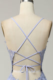 Spaghetti Straps A Line Light Purple Long Formal Dress with Criss Cross Back