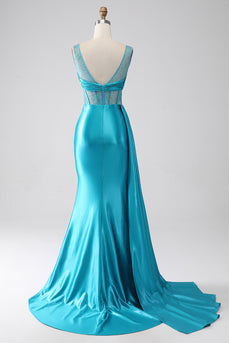 Turquoise Mermaid V-Neck Sweep Train Pleated Corset Beaded Formal Dress