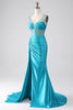Load image into Gallery viewer, Turquoise Mermaid V-Neck Sweep Train Pleated Corset Beaded Formal Dress