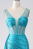 Turquoise Mermaid V-Neck Sweep Train Pleated Corset Beaded Formal Dress